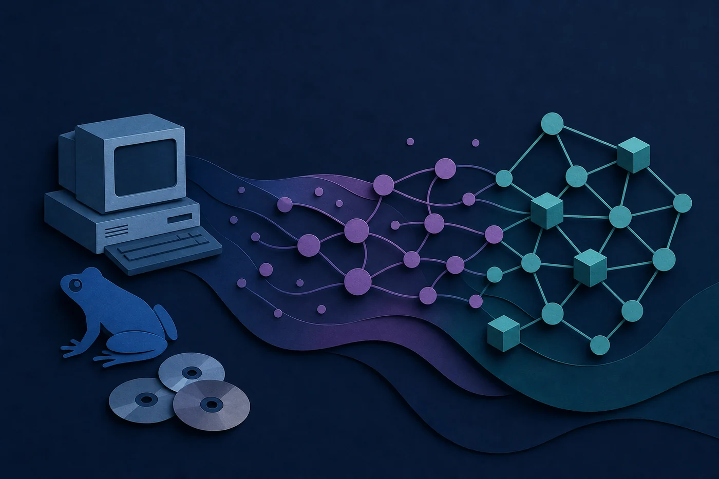 Illustrazione editoriale di un vecchio client che evolve in una rete peer-to-peer moderna