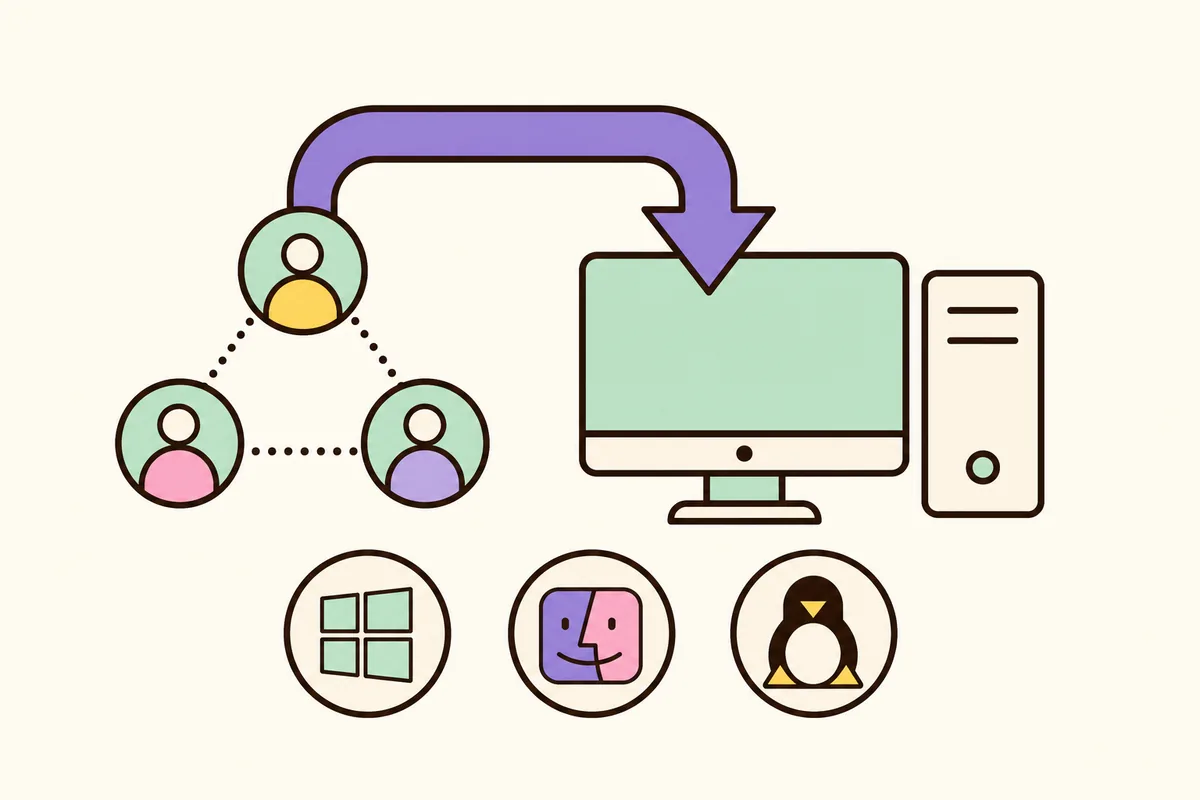 Editorial illustration of a torrent client download moving from peer nodes to a desktop computer with Windows, macOS and Linux options
