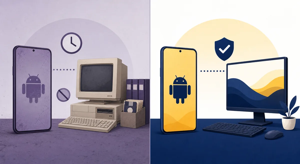Comparaison éditoriale entre une ancienne voie Android-bureau et une alternative maintenue marquée par un bouclier