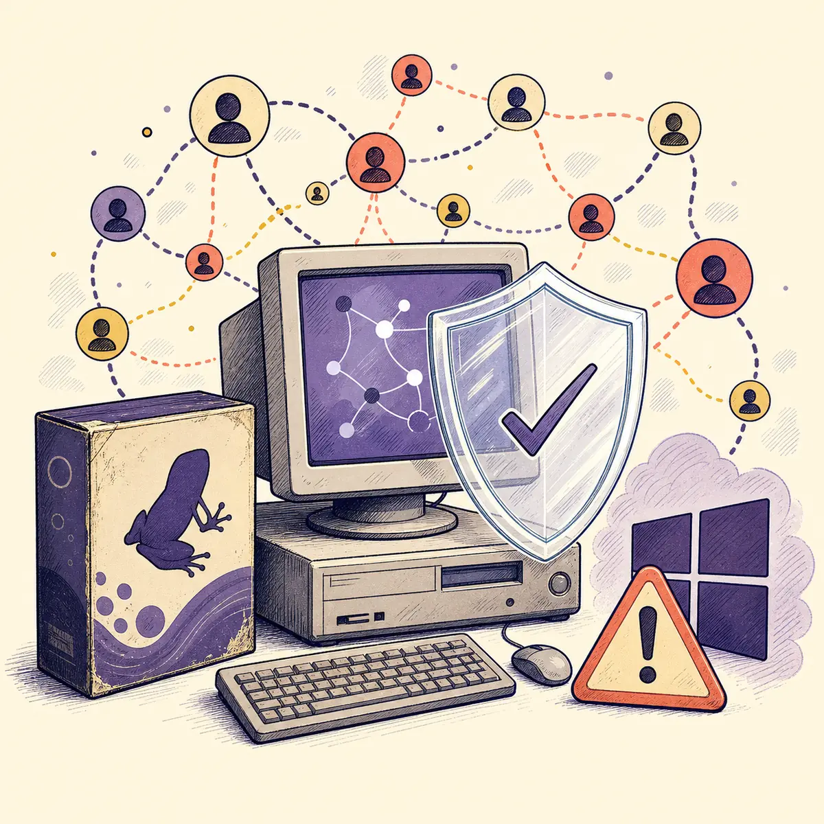Ilustração editorial de um computador torrent antigo protegido por um escudo e acompanhado de um alerta