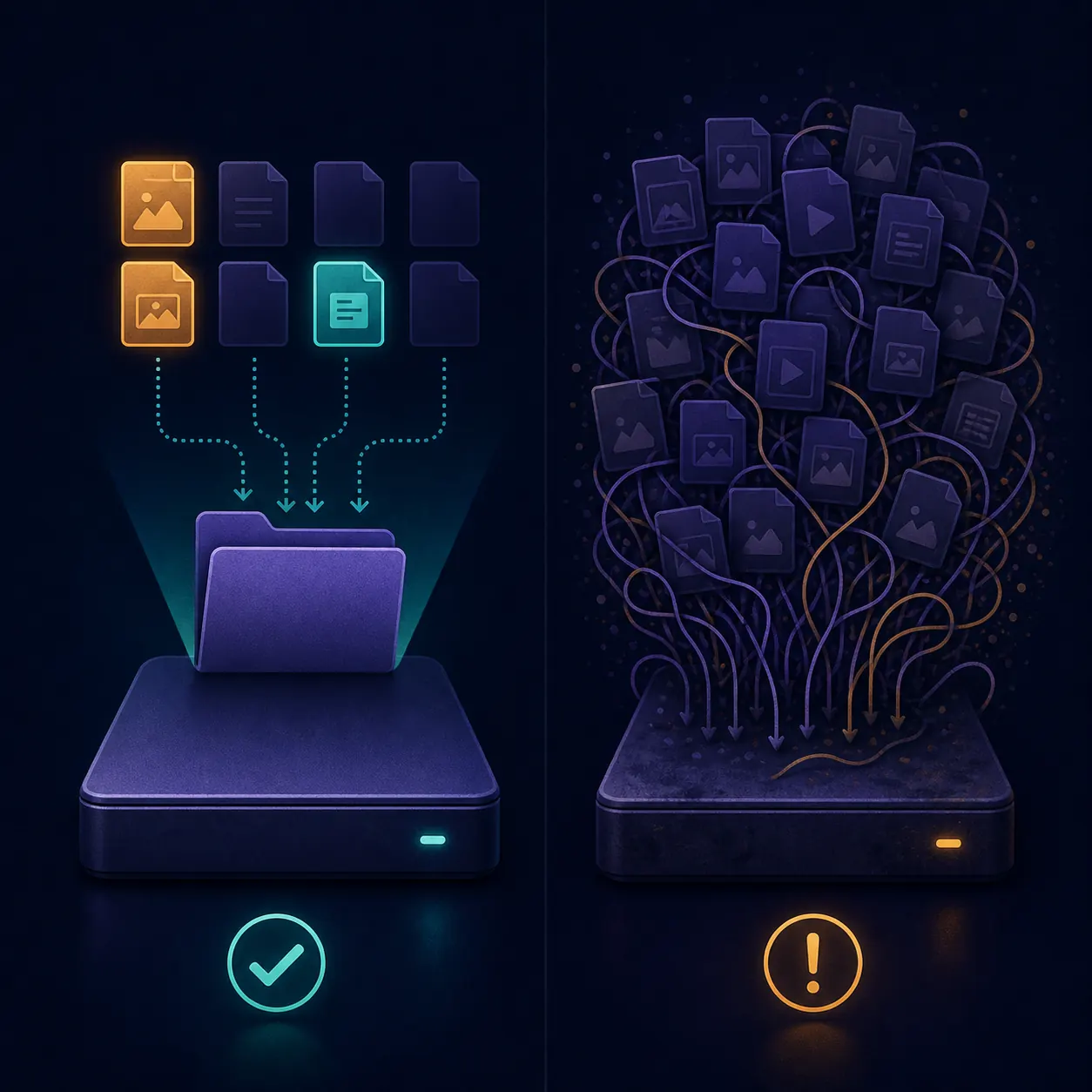 Editorial comparison of a drive receiving selected files and a drive overwhelmed by every file