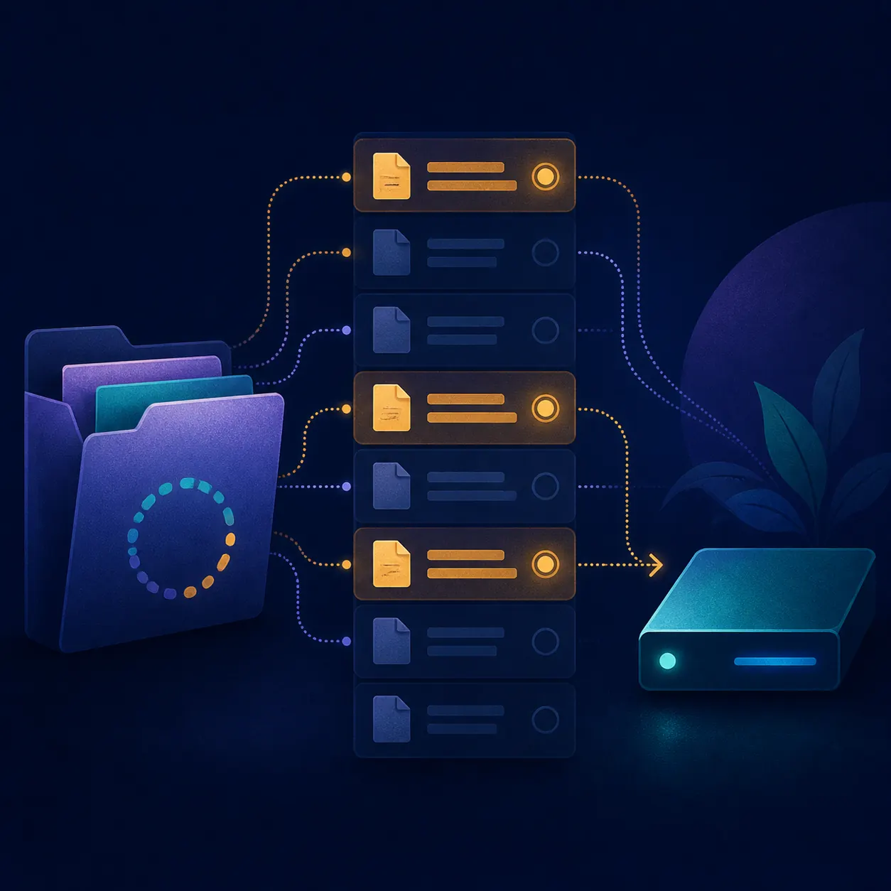 Editorial illustration of a Vuze-style torrent file list with selected files moving to a local drive