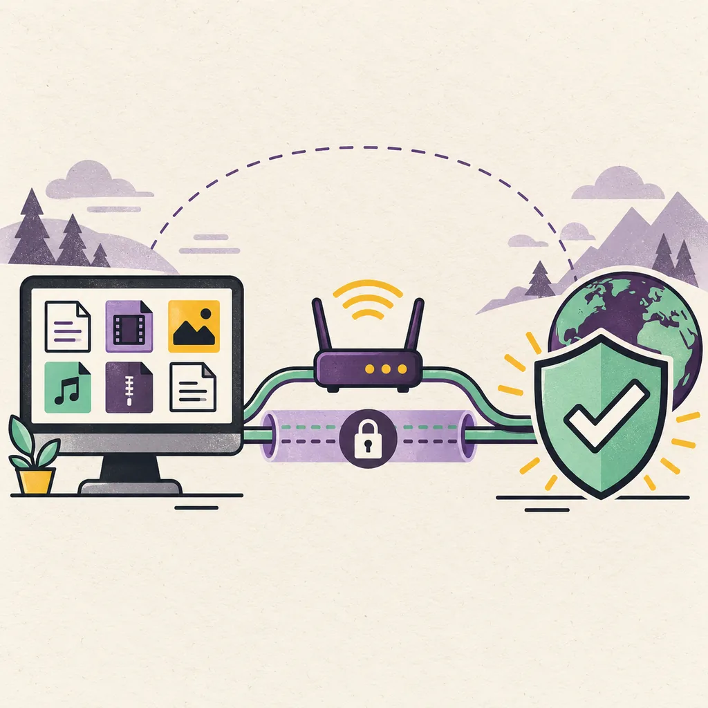 Redaktionelle Illustration, wie Vuze-Daten durch einen VPN-Tunnel vom Desktop zu einem geschützten Netzwerk laufen