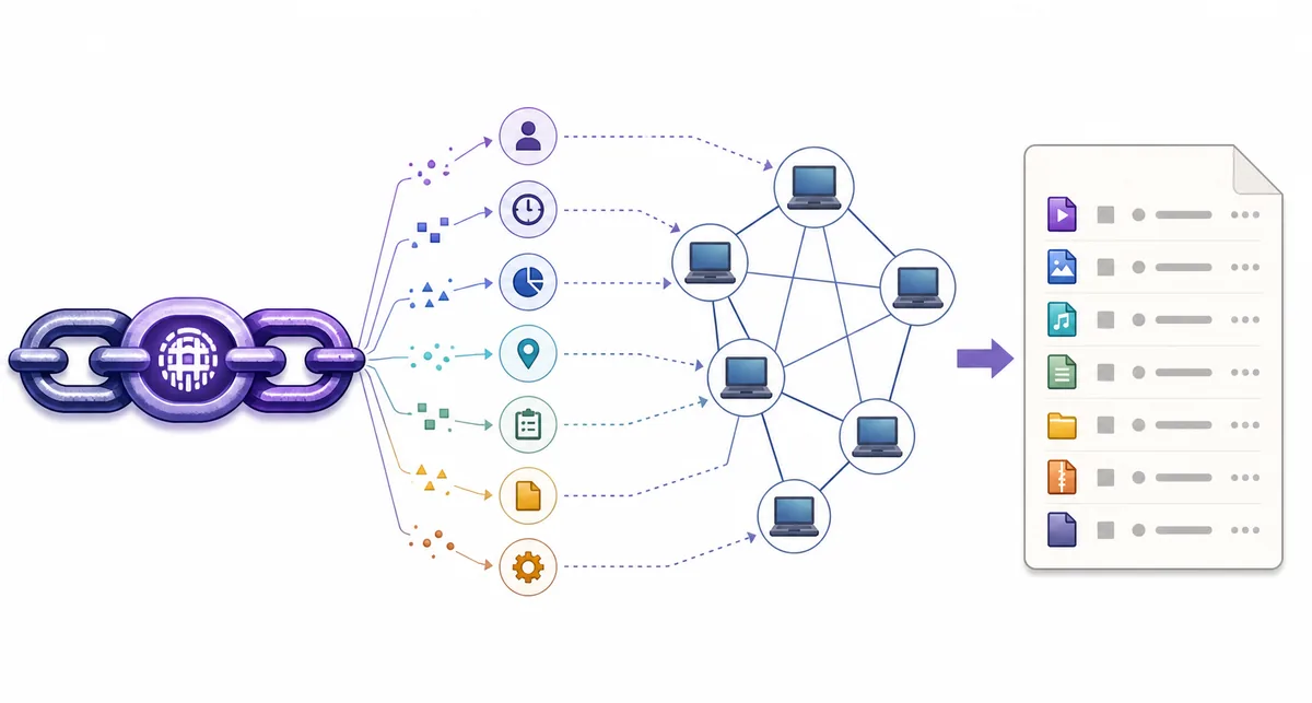 Diagramma concettuale di un'identità magnet che passa da indizi dei metadati e peer a un elenco di file