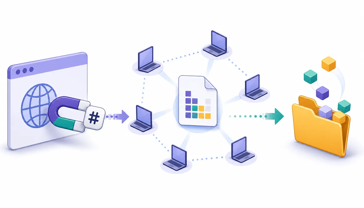 Illustrazione editoriale indipendente di un magnet link che identifica contenuti, trova peer e crea un elenco di file